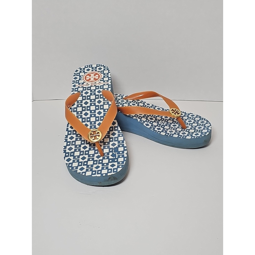 Tory And Burch High Flip Flops Blue Ando Orange Thong Gold Logo‎